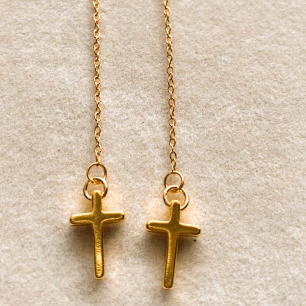 Gold Cross Threader Earrings
